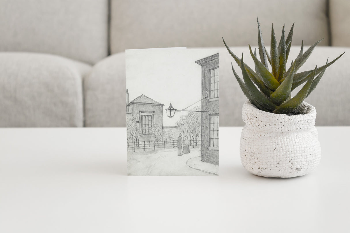 LS Lowry Greeting Card: An Old Lamp, Behind Leaf Square (1926)