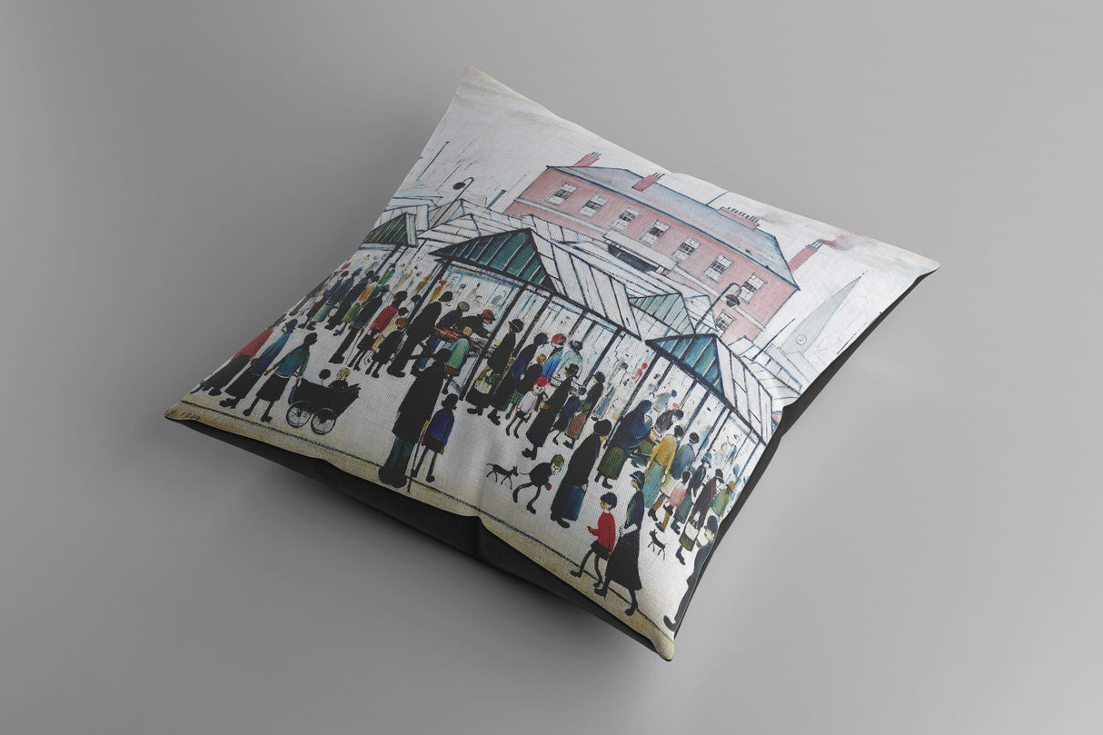 LS Lowry Cushion: Market Scene, Northern Town (1939)