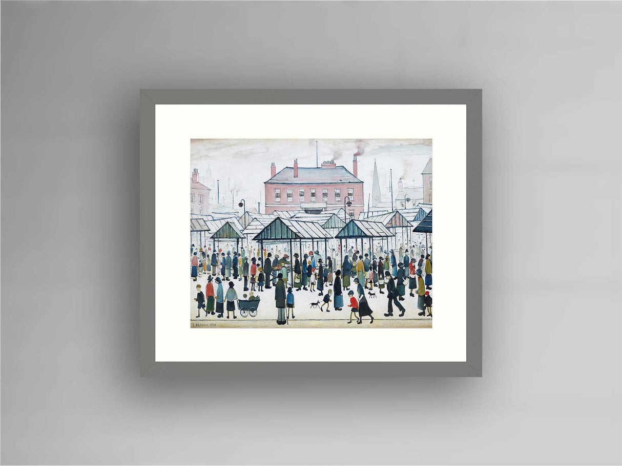 LS Lowry Grey Framed Print: Market Scene, Northern Town (1939)
