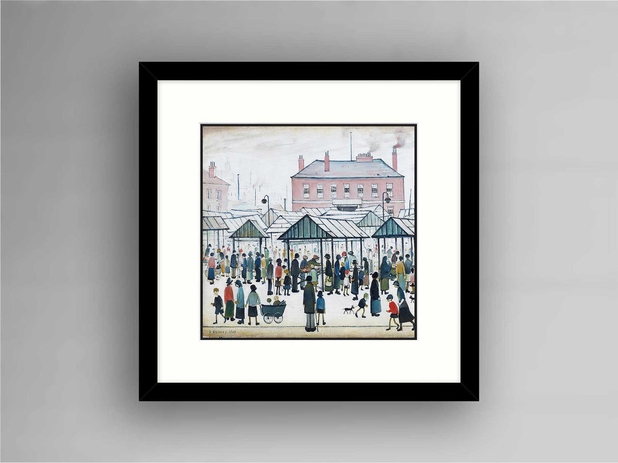 LS Lowry Square Framed Print: Market Scene, Northern Town (1939)