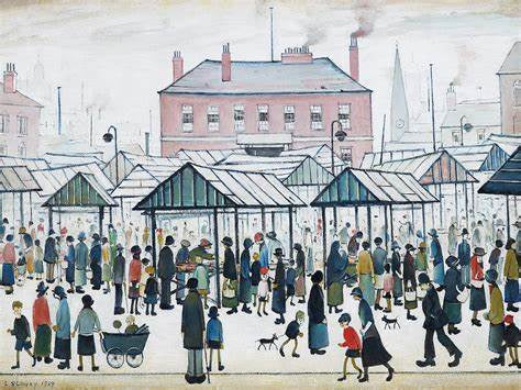 LS Lowry Postcard: Market Scene, Northern Town