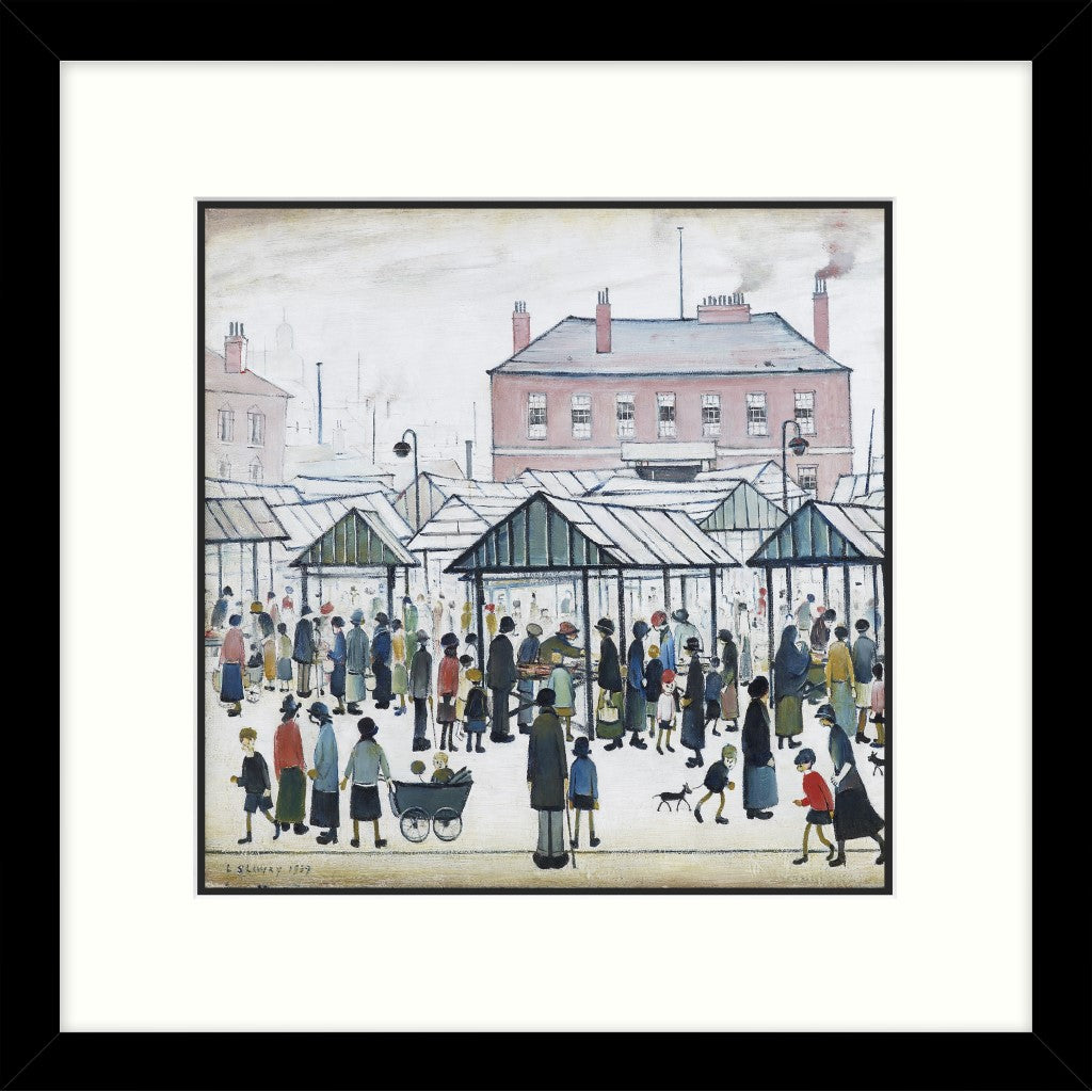 LS Lowry Square Framed Print: Market Scene, Northern Town (1939)