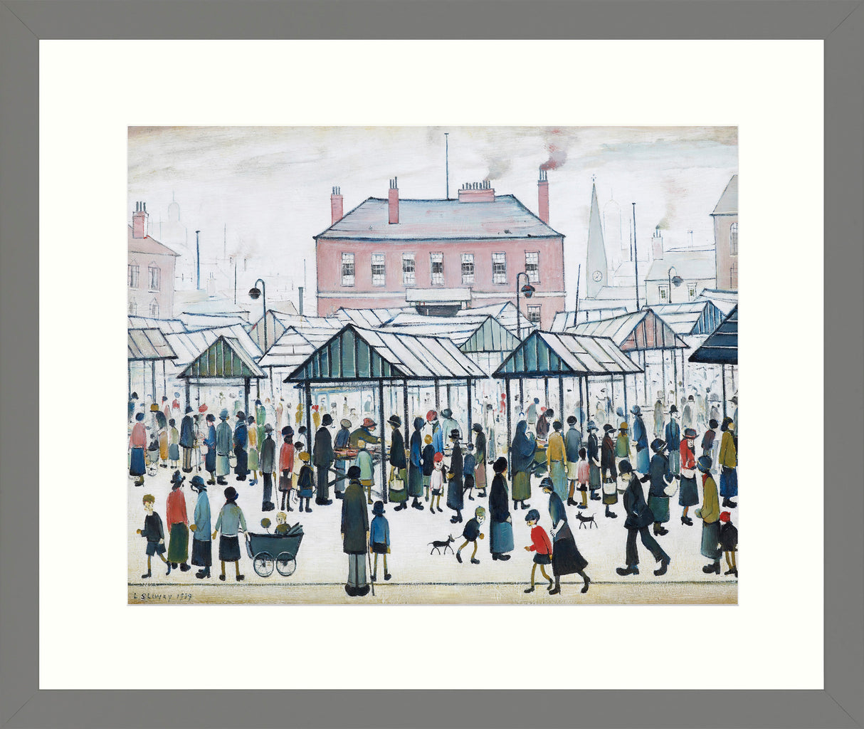 LS Lowry Grey Framed Print: Market Scene, Northern Town (1939)