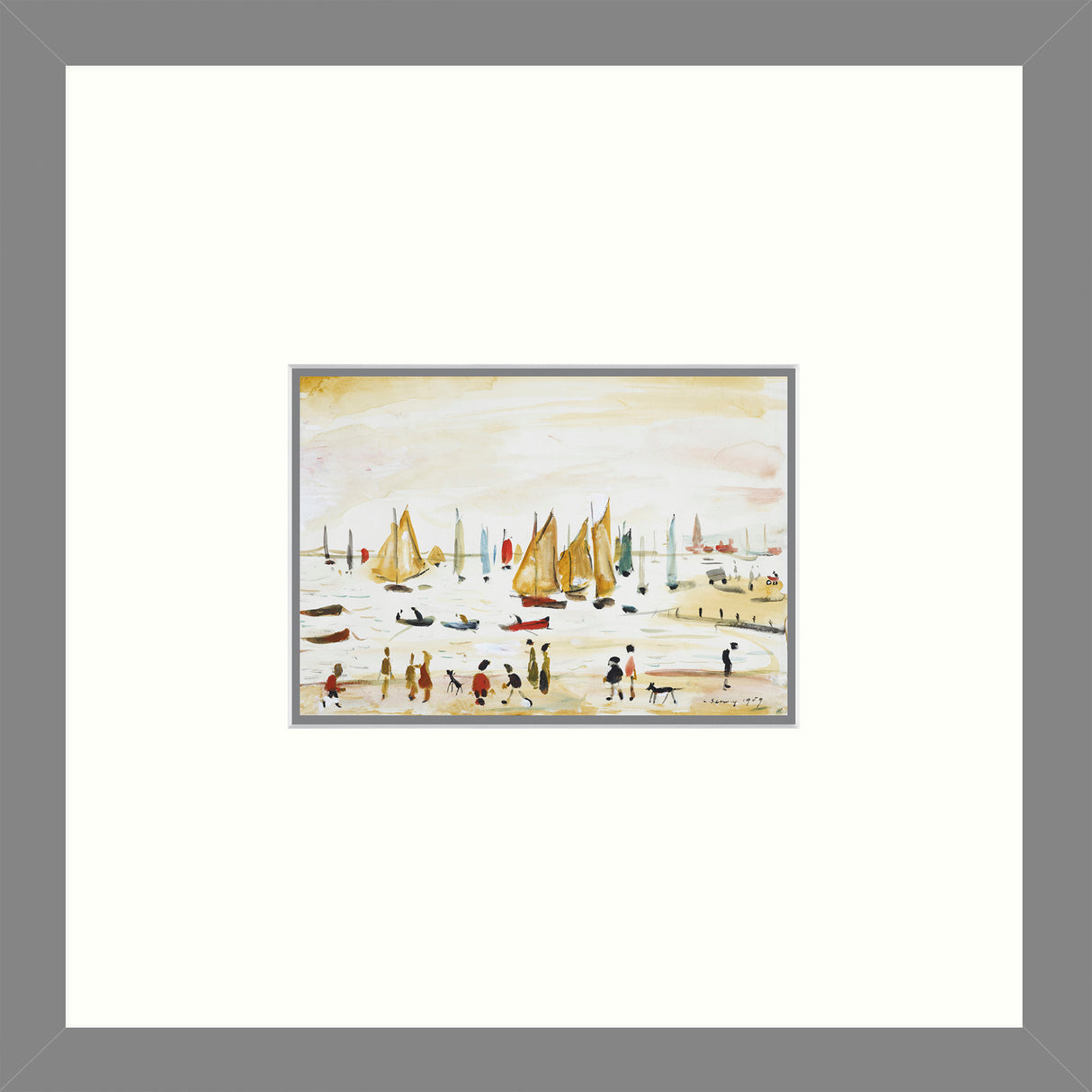 LS Lowry Square Grey Framed Print: Yachts (1959)