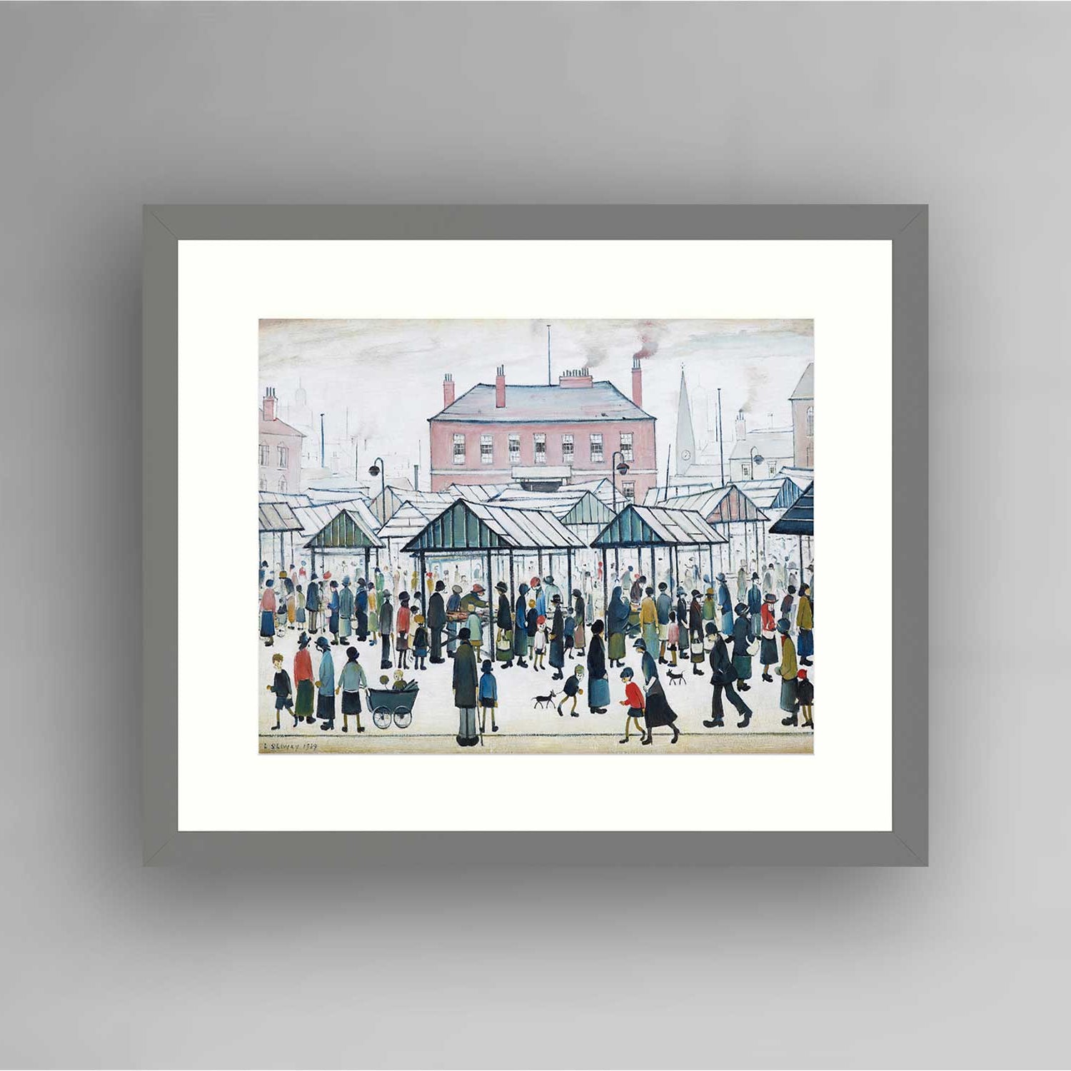 LS Lowry Grey Framed Print: Market Scene, Northern Town (1939)