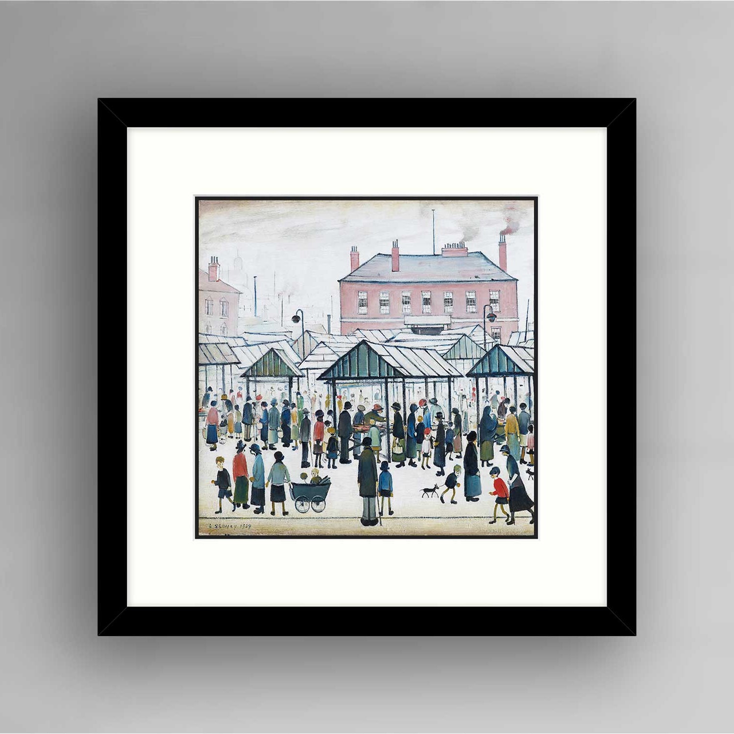 LS Lowry Square Framed Print: Market Scene, Northern Town (1939)