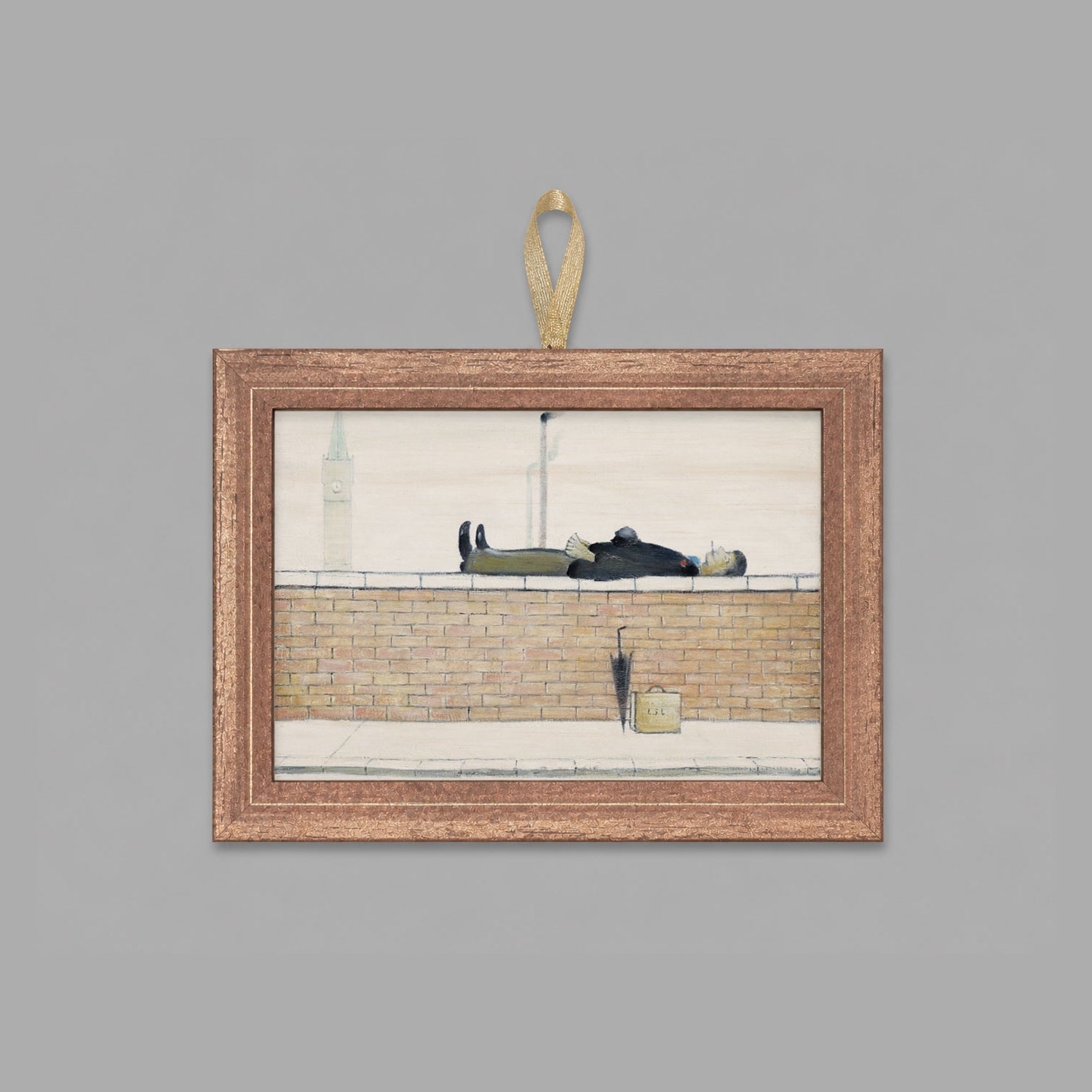 LS Lowry Mini Wooden Painting: Man Lying on a Wall (1957)