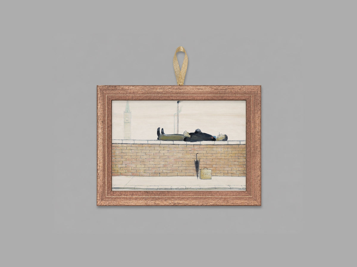 LS Lowry Mini Wooden Painting: Man Lying on a Wall (1957)