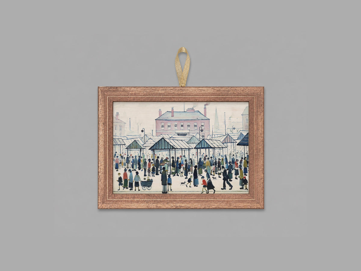 LS Lowry Mini Wooden Painting: Market Scene, Northern Town (1939)