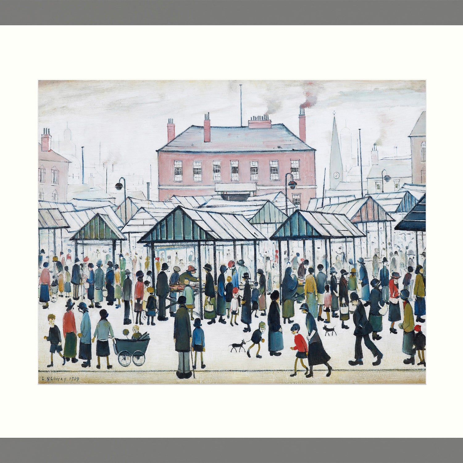 LS Lowry Grey Framed Print: Market Scene, Northern Town (1939)