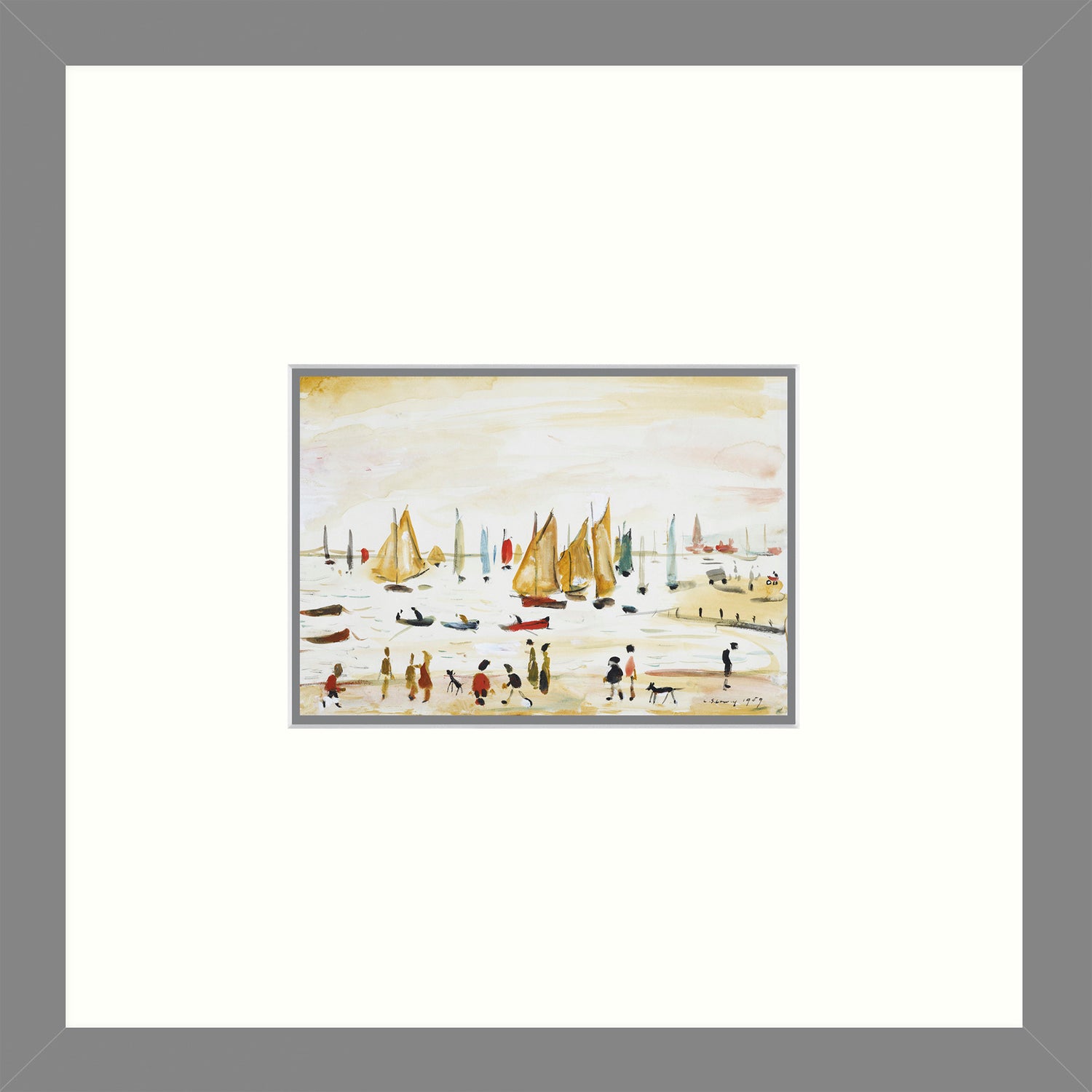 LS Lowry Square Grey Framed Print: Yachts (1959)