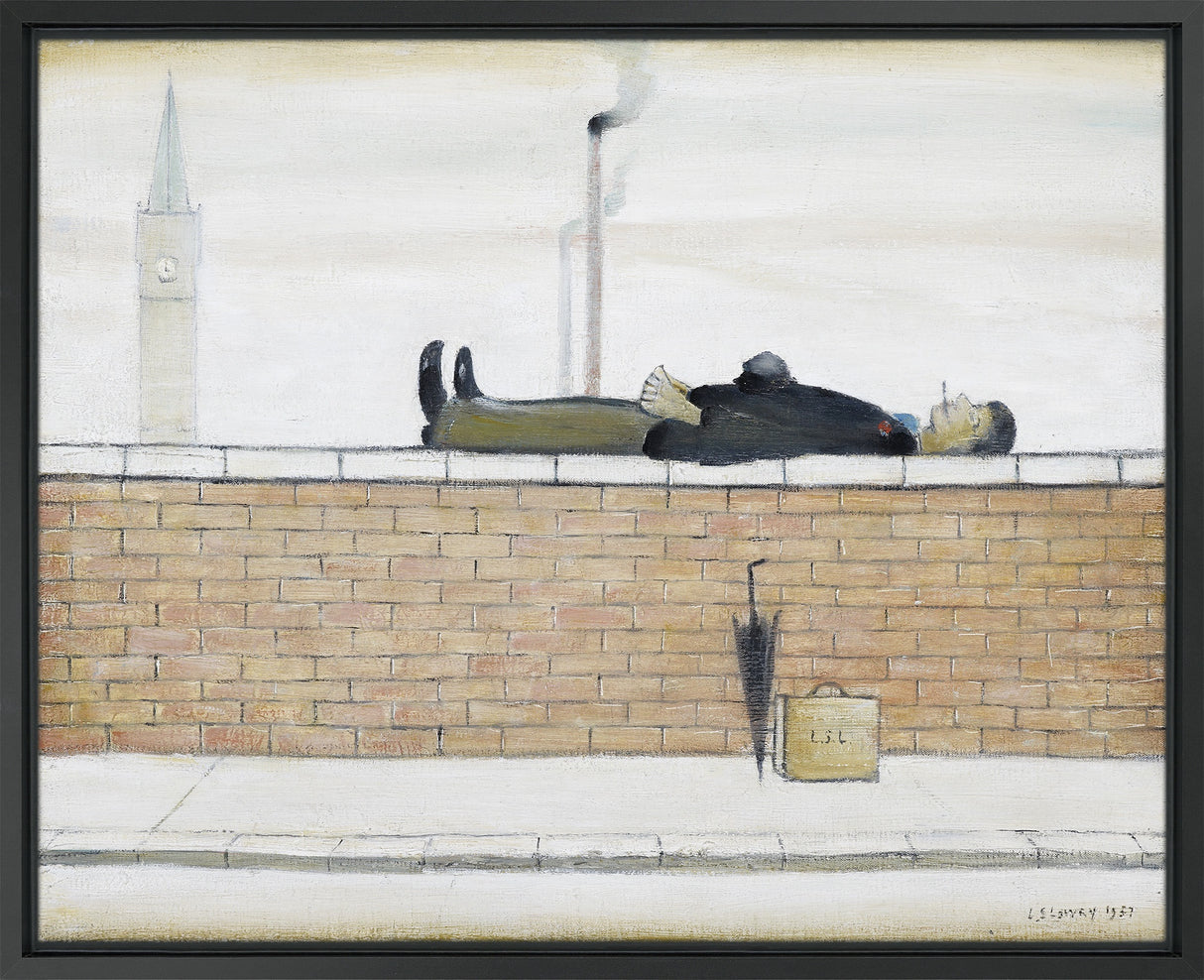 A painting by LS Lowry depicting a man lying flat on his back atop a brick wall, dressed in dark clothing with hands clasped on his chest. Below the wall on the pavement are a closed black umbrella and a small suitcase labelled "L.S.L." In the background, an industrial chimney emits smoke, and a clock tower is faintly visible against a pale sky.
