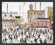 LS Lowry's Going to Work: A painting of a bustling industrial townscape with numerous figures walking in various directions. The scene features factories with chimneys emitting smoke, domed and rectangular buildings, and muted tones of pink, brown, and grey. The figures are stylised and painted with loose, simplistic brushstrokes.