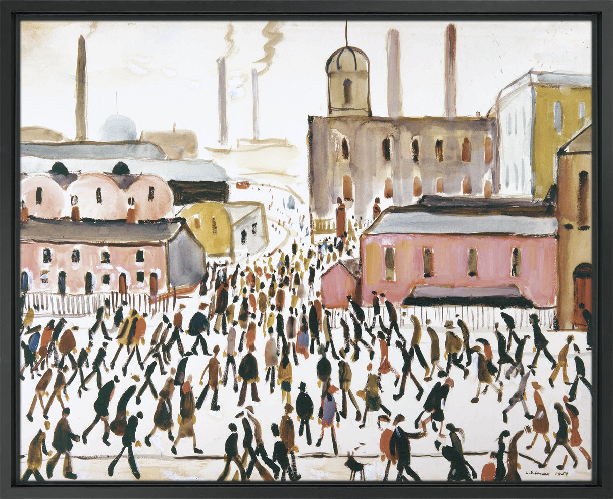 LS Lowry's Going to Work: A painting of a bustling industrial townscape with numerous figures walking in various directions. The scene features factories with chimneys emitting smoke, domed and rectangular buildings, and muted tones of pink, brown, and grey. The figures are stylised and painted with loose, simplistic brushstrokes.