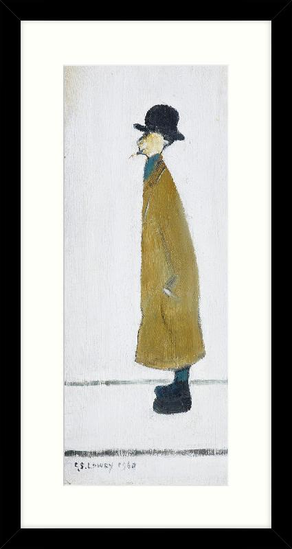 A painting by LS Lowry featuring a stylised gentleman in profile, wearing a long mustard-coloured coat, blue trousers, and a black bowler hat. The figure has hands in pockets and appears to gaze ahead against a minimal white background, with "LS Lowry 1960" signed at the bottom.